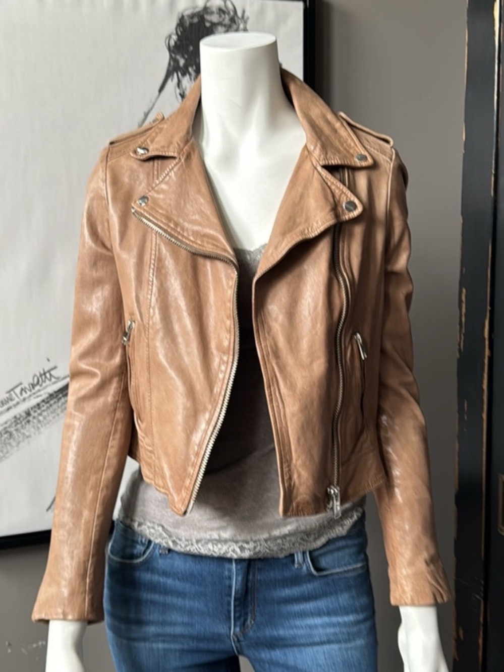 Women’s Lamarque Tan Leather Moto Jacket